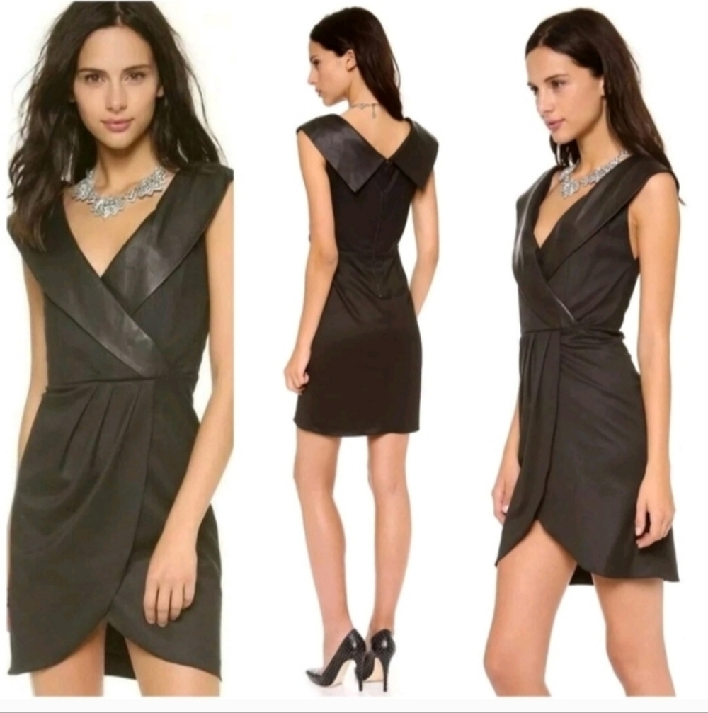 Alice + olivia Shayna Leather Trim Shawl Collar Faux Wrap Black Dress Size 0$495